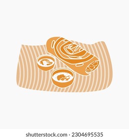 Editable Flat Monochrome Style Top Side View Indian Masala Dosa With Chutney and Sambar on Banana Leaf Vector Illustration for Artwork of Cuisine Related Design With South Asian Culture and Tradition