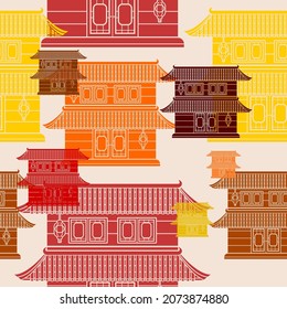 Editable Flat Monochrome Style Two Roofs Traditional Chinese Building Vector Illustration in Various Colors as Seamless Pattern for Creating Background of Oriental History and Culture Related Design