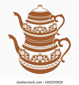 Editable Flat Monochrome Style Typical Traditional Çaydanlik Turkish Tea Pot with Floral Pattern Vector Illustration for Tea Shop or Product Marketing and Ottoman Turkish Culture Related Design