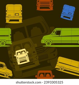 Editable Flat Monochrome Style of Various Colors and Views Cargo Delivery Van Vector Illustration Seamless Pattern With Dark Background for Transportation Vehicle or Shipping Business Related Design