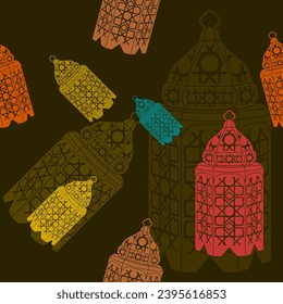 Editable Flat Monochrome Style With Various Colors Arabian Lamps Vector Illustration as Seamless Pattern With Dark Background for Islamic Occasional Theme Such as Ramadan and Eid or Arab Culture