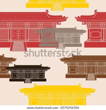 Editable Flat Monochrome Style Wide Traditional Chinese Building Vector Illustration in Various Colors as Seamless Pattern for Creating Background of Oriental History and Culture Related Design