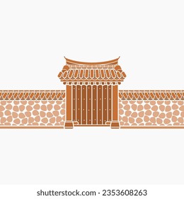 Editable Flat Monochrome Traditional Korean Hanok Gate Building Vector Illustration for Artwork Element of Oriental History and Culture Related Design