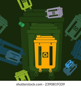 Editable Flat Monochrome Trash Bins Vector Illustration in Various Colors as Seamless Pattern With Dark Background for Cleanliness Lifestyle and Environmental Related Design