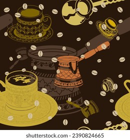 Editable Flat Monochrome Turkish Coffee Vector Illustration and Coffee Beans Silhouette as Seamless Pattern With Dark Background for Cafe or Coffee Industry and Ottoman Turkish Culture Design