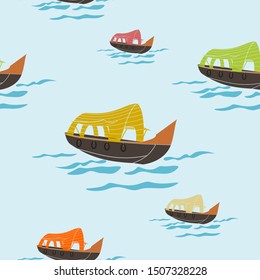 Editable Flat Oblique View Indian Keralan Houseboat Vector Illustration on Wavy Lake in Various Colors Seamless Pattern for Creating Background of Transportation or Recreation of Southwestern India