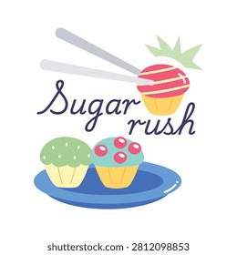 An editable flat sticker of sugar rush dessert is beautifully made.