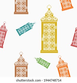 Ilustración de vectores de lámparas árabes de estilo plana editable con varios colores como patrón sin foco para crear fondo de tema ocasional islámico como Ramadán y Eid o cultura árabe