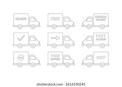 Editable Flat Style Courier Icons Set, delivery truck flat icon set, parcel delivery truck icons, cargo delivery truck vector
