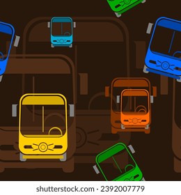 Editable Flat Style Front View Creative and Cute Cat-like Bus Vector Iconic Illustration in Various Colors as Seamless Pattern With Dark Background for Vehicle Transportation or Kids Related Design