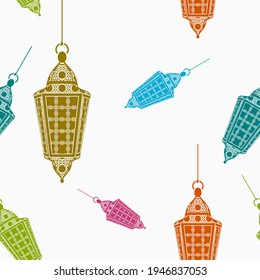 Ilustración de vectores de lámparas árabes colgantes de estilo plana editable con varios colores como patrón sin foco para crear fondo de tema ocasional islámico como Ramadán y Eid o cultura árabe