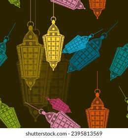Editable Flat Style Hanging Arabian Lamps Vector Illustration With Various Colors as Seamless Pattern With Dark Background for Islamic Occasional Theme Such as Ramadan and Eid or Arab Culture