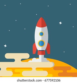 Editable Flat Style Rocket Launching from Planet with Smokes and Stars in Outer Space Vector Illustration for Astronomy or Kids Art Related Purposes