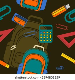 Editable Flat Style School Stuffs Vector Illustration Icons as Seamless Pattern With Dark Background for Decorative Element of Education Related Design
