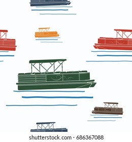 Editable Flat Style Semi-Oblique Side View Pontoon Boat Vector Illustration with Various Colors as Seamless Pattern for Creating Background of Transportation or Recreation Related Design