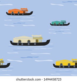 Editable Flat Style Side View Indian Keralan Houseboat Vector Illustration on Calm Lake in Various Colors Seamless Pattern for Creating Background of Recreation or Transportation of Southwestern India