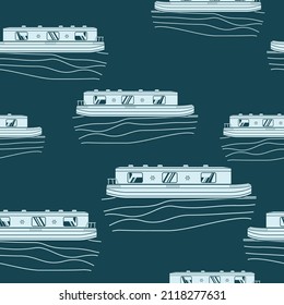 Editable Flat Style Side View Canal Boat Vector Illustration With Dark Background As Seamless Pattern For Creating Background Of Transportation Or Recreation Of United Kingdom Or Europe Related Design