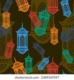 Editable Flat Style Various Color Arabic Ramadan Lamp Vector Illustration Seamless Pattern With Dark Background for Arabian Culture Tradition and Islamic Moments Related Design