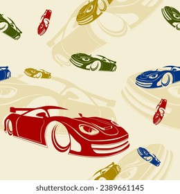 Editable Flat Style Various Colours Sporty Cars Vector Illustration Seamless Pattern for Creating Background and Decorative Element of Transportation or Car Racing Related Design