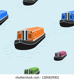 Editable Flat Three-Quarter Top Front Side Oblique View Canal Boat On Water Vector Illustration Seamless Pattern For Creating Background Of Transportation Or Recreation Of United Kingdom Or Europe