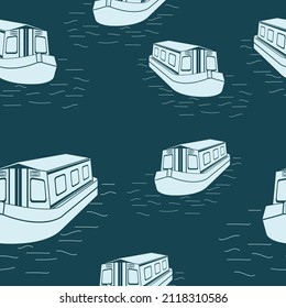 Editable Flat Three-Quarter Top Front Side Oblique View Canal Boat Vector Illustration Dark Seamless Pattern for Creating Background of Transportation or Recreation of United Kingdom or Europe