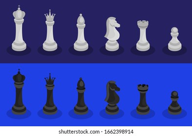 EDITABLE FLAT VECTOR: Chess set illustration / White and black pieces / King, queen, bishop, knight, castle, pawn