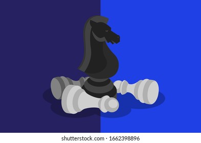 EDITABLE FLAT VECTOR: Dark Knight / Black chess piece concept / King, queen, bishop, knight, castle, pawn