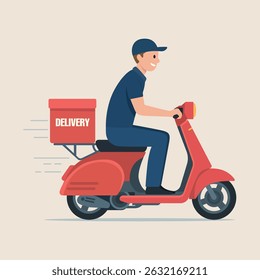 Editable flat vector illustration of a delivery man riding a scooter. Clean layers, ideal for animation or motion graphics use.