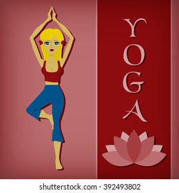 An editable flat vector illustration of Yoga tree pose and a lotus