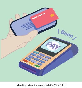 Editable Flat Vector Illustrations: Contactless Mobile Payment with holding hand. Mobile Payment Transactions and Wireless Payment Technology