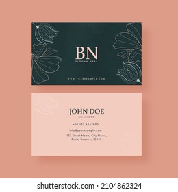 Editable Floral Business Cards Design In Green And Pastel Peach Color.