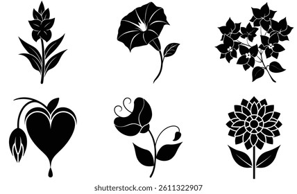 Editable Floral Silhouette Vector Set, Elegant Wildflower Collection