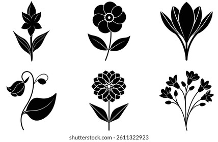 Editable Floral Silhouette Vector Set, Elegant Wildflower Collection