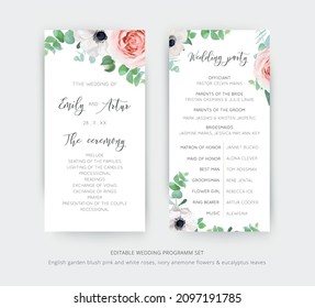 Editable Floral Vector Wedding And Ceremony Program Card Set. Beautiful Template Design With Watercolor Illustration Of Pink Garden Roses, Ivory Anemone Flowers, Green Eucalyptus Branches Wreath Frame