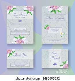 Editable Flowers Wedding Gratitude and Invitation Card Set in Marble Romantic Design. Blossom Buds and Hearts Decoration. Greeting Text, Bridal Names in Frame. Vector Luxury Style. EPS Illustration