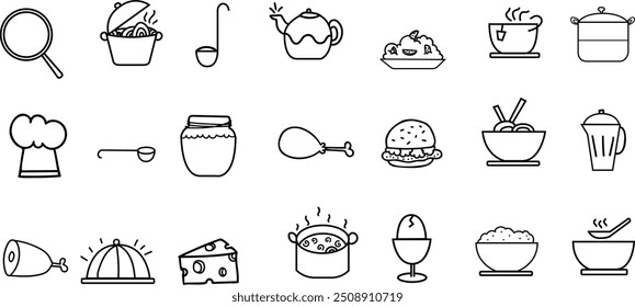 Editable Food doddle drawing set,Hand made cue scribble design elements,background work,pattern,Food comic, icon collection.