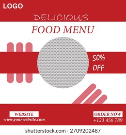 Cartel editable del menú de la comida, diseño rojo y blanco brillante