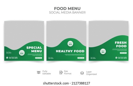 Editable Food and Restaurant Social Media Post Template Design. Social media banner for food business. Food social media template. Vegetable, Junk Food