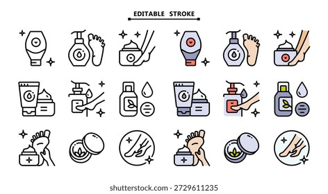 Bearbeitbarer Fußpflege-Symbolsatz. Skalierbare Farbumrisssymbole für Hygiene und Wellness-Visuals. Bereit für digitale Inhalte und Gesundheitserziehung. Flach gefüllter Vektorstil.