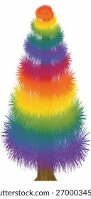 An editable format vector file. A spiral Christmas tree with a brown trunk and LGBT color rising vertically. White background