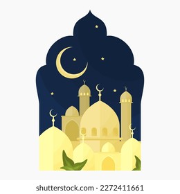 Editable Framed Mosques in A Night Scene With Crescent Moon and Leaves for Ramadan and Other Islamic Moment Related Design