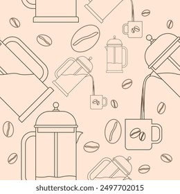 Editable French Press Manual Brewing Coffee Maker Vector Illustration in Outline Style with Coffee Beans as Seamless Pattern for Creating Background of Cafe Related Purposes