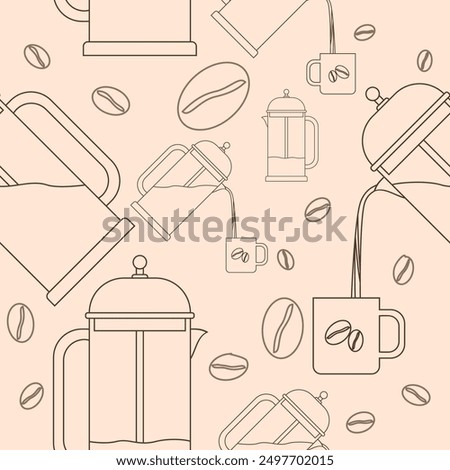 Editable French Press Manual Brewing Coffee Maker Vector Illustration in Outline Style with Coffee Beans as Seamless Pattern for Creating Background of Cafe Related Purposes