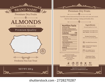Editable front and back almonds dry fruits packaging label design with nutrition facts, ingredients, icons, and demo content. Suitable for premium nut pouches, food branding, and FMCG packaging mockups.