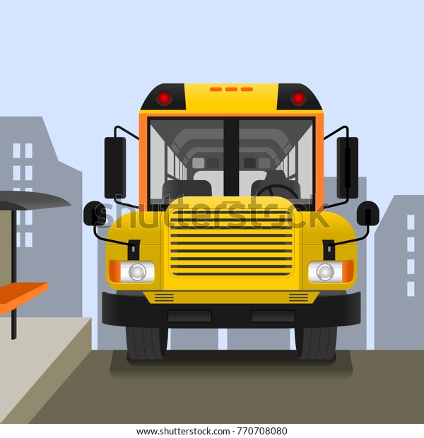 Editable Front View School Bus\
on Road Vector Illustration With Cityscape Silhouette Background\
for Transportation Vehicle or School and Education Related\
Design