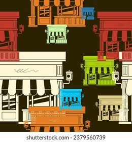 Editable Front View Shop Building Vector Illustration as Seamless Pattern With Dark Background for Decorative Element of Marketing Concept Related Design