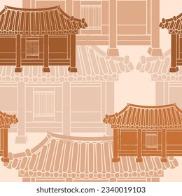 Editable Front View Traditional Hanok Korean House Building Vector Illustration as Seamless Pattern for Creating Background and Decorative Element of Oriental History and Culture Related Design