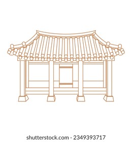 Editable Front View Traditional Hanok Korean House Building Vector Illustration in Outline Style for Artwork Element of Oriental History and Culture Related Design