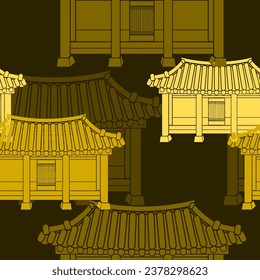 Editable Front View Traditional Hanok Korean House Building Vector Illustration as Seamless Pattern With Dark Background for Decorative Element of Oriental History and Culture Related Design