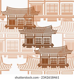 Editable Front View Wide Traditional Hanok Korean House Building Vector Illustration as Seamless Pattern for Creating Background and Decorative Element of Oriental History and Culture Related Design